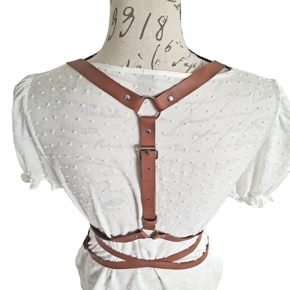Faux leather brown Underbust adjustable harness suspenders sexy waist belt - Picture 14 of 15